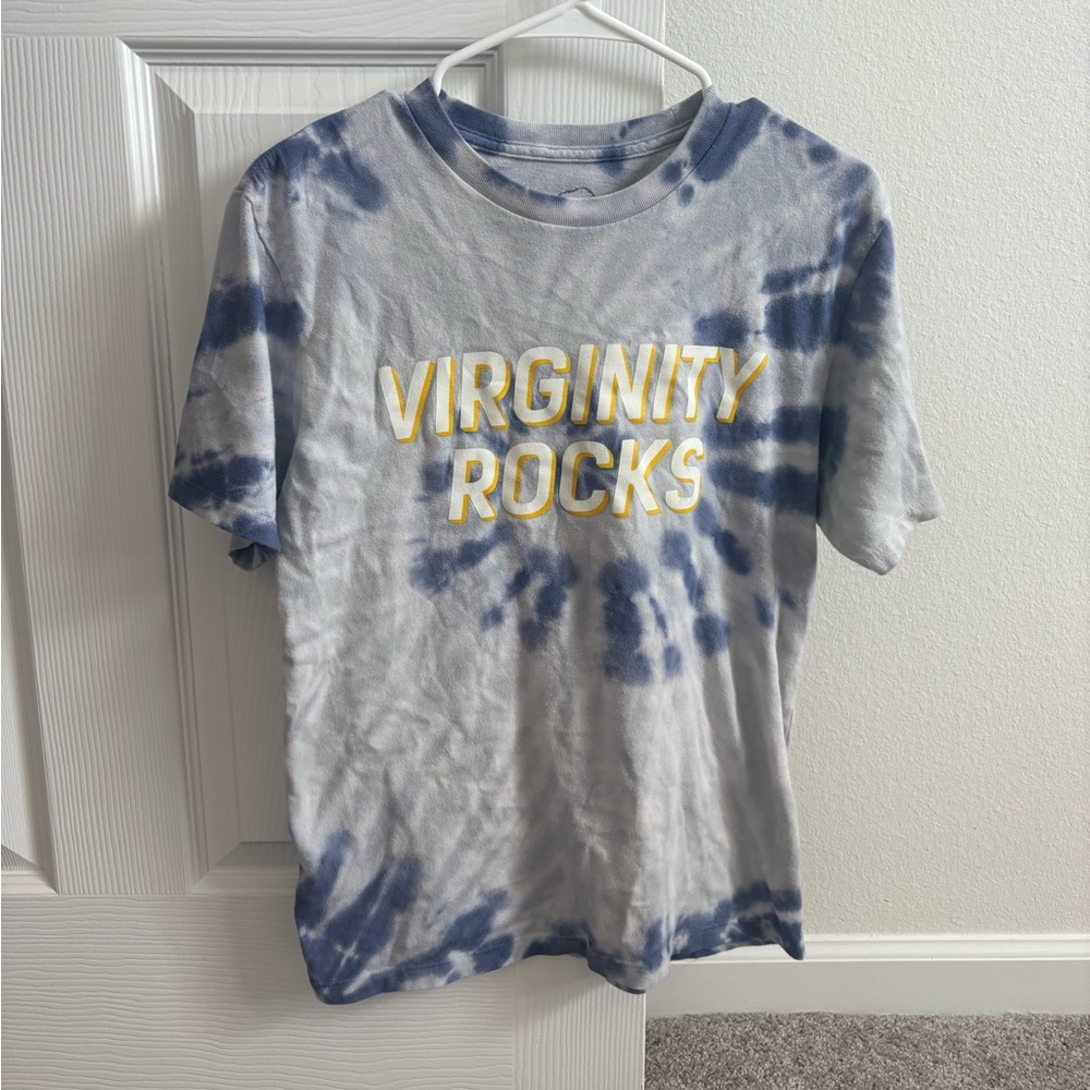 Blue & white tie-dye Virginty Rocks tee
Small-18.5 in. bust and 24.25 in. length